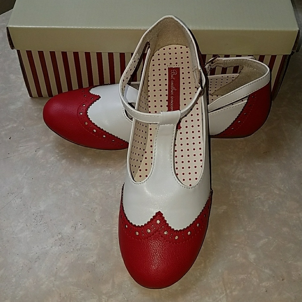 T- strap red and white wing tipped flats